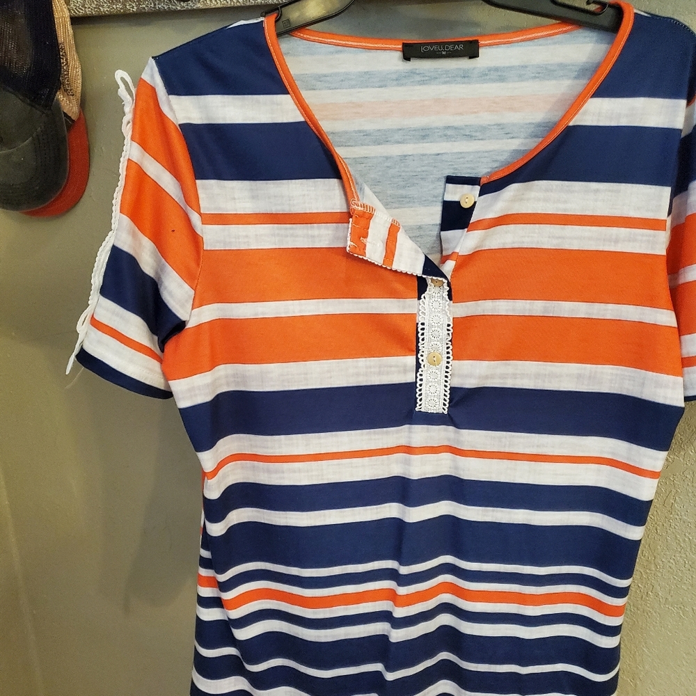 Orange, Navy & White Striped Blouse, Size Medium